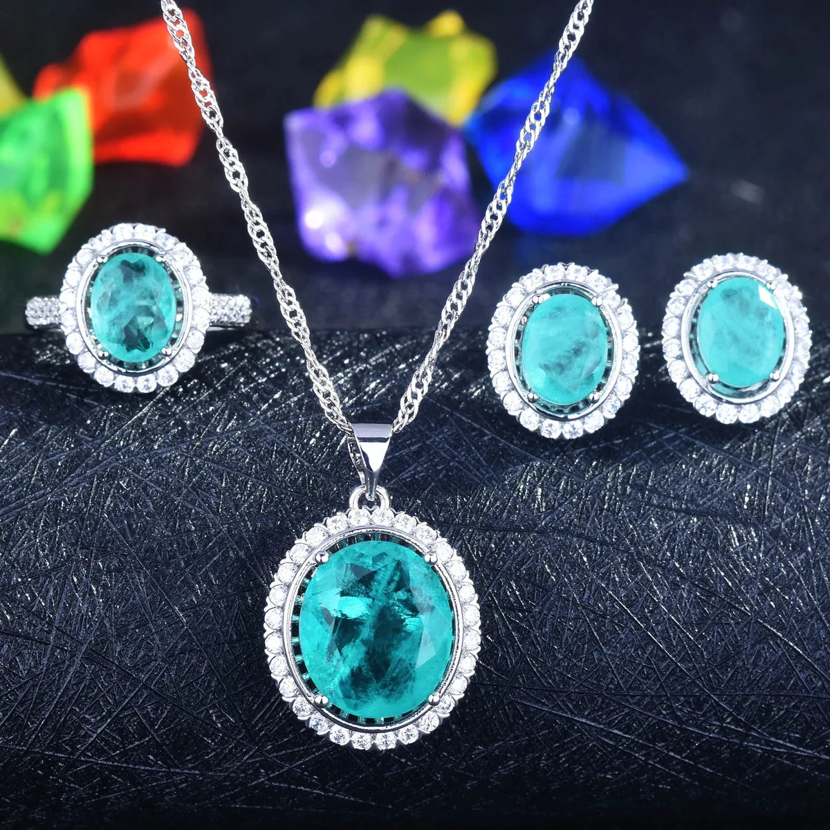 Modern Silver Necklaces-New European And American Style Retro Imitation Paraiba Suit Tik Tok Live Stream Colored Gems Necklace Open Rings Ear Studs Women