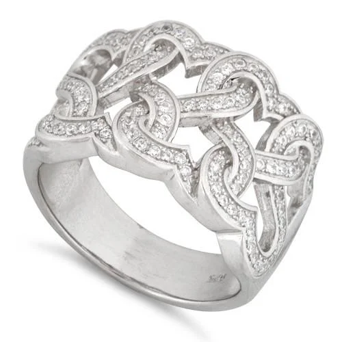 Fashionable Wedding Bands-Sterling Silver Tangled Hearts Pave CZ Ring