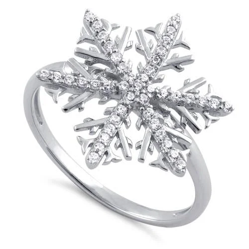 Customizable Birthstone Rings-Sterling Silver Winter Snowflake Clear CZ Ring