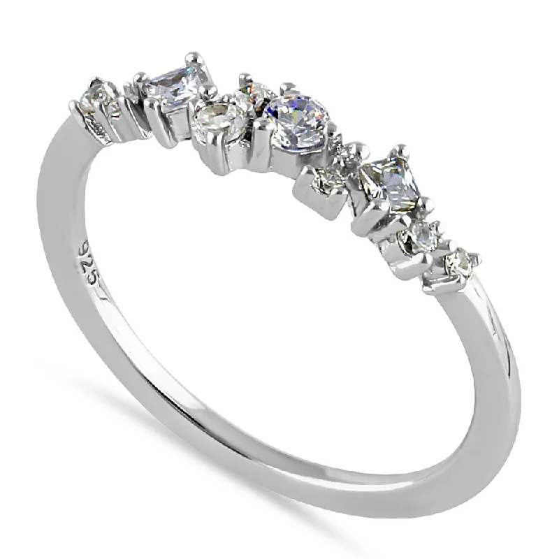 Classic Promise Rings-Sterling Silver Half Eternity Mini Cluster Round and Square Cut Clear CZ Ring