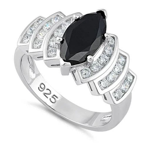 Retro Engagement Rings-Sterling Silver Marquise Cut Black CZ Ring