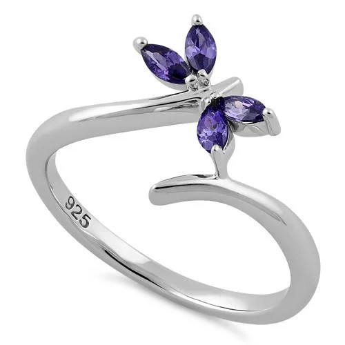 High-End Wedding Band Sets-Sterling Silver Dragonfly Amethyst CZ Ring