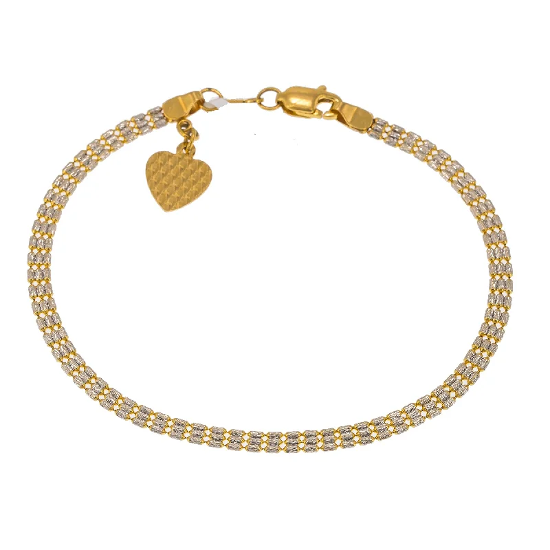 Engraved Wedding Bracelets-22K Multi Tone Gold Adjustable Bracelet W/ Heart Charm & Flat Beaded Chain