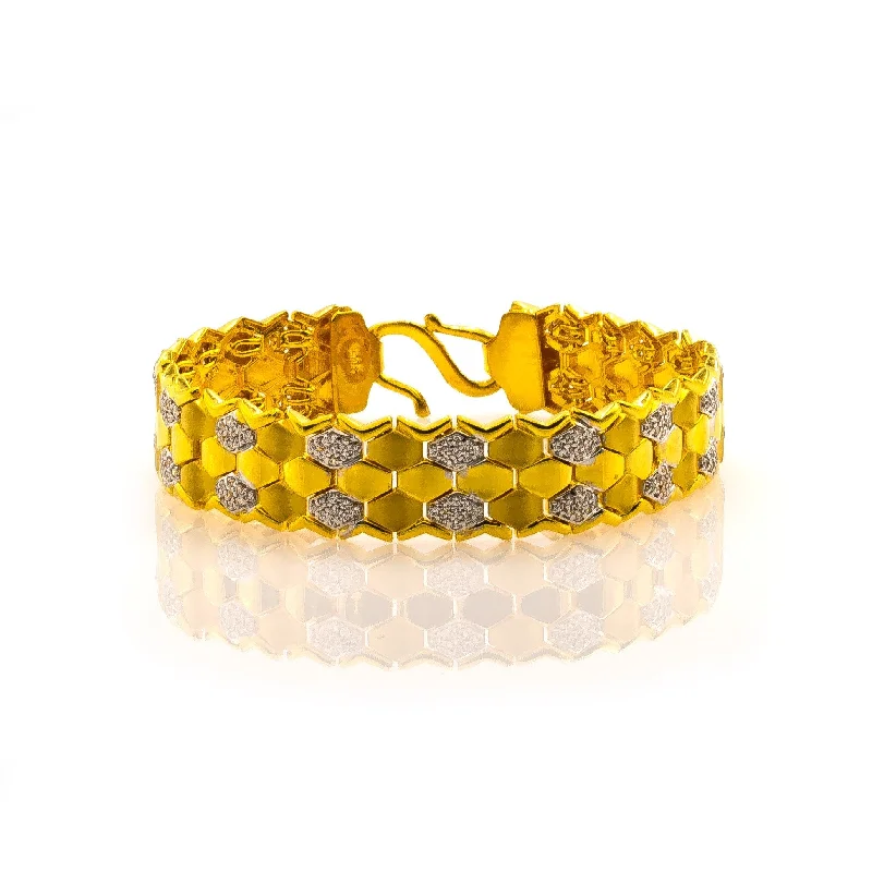 Custom Bar Bracelets for Women-22K Yellow Gold Men's Bracelet W/ CZ Gems & Hexagon Tile Link