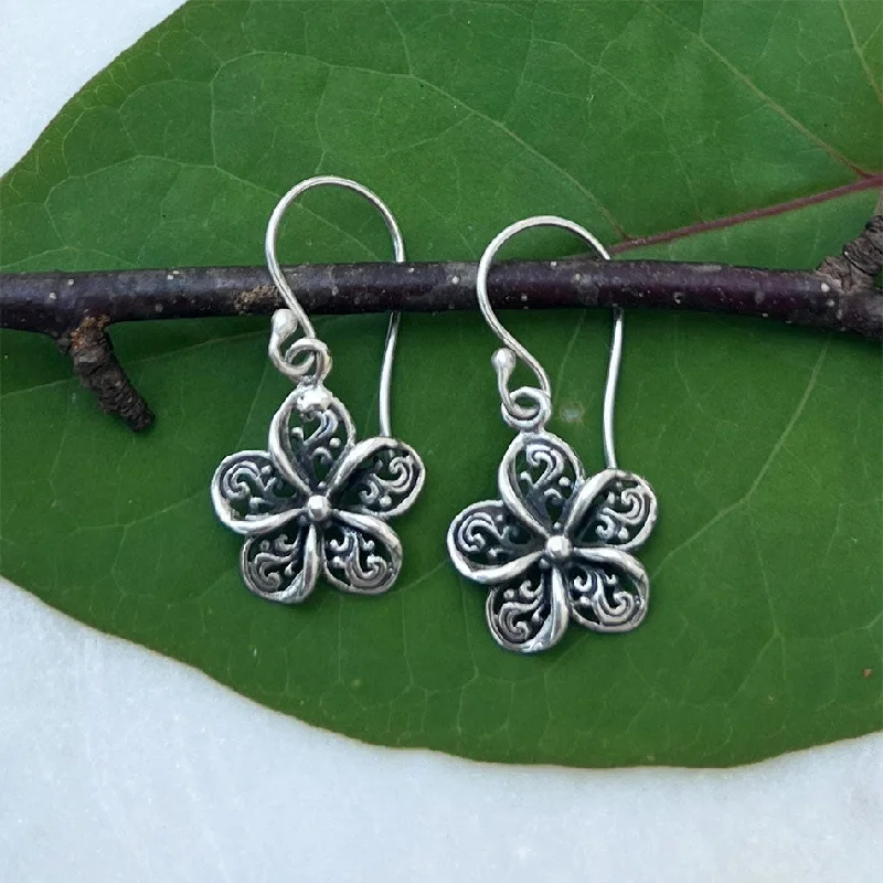 Shiny Drop Earrings-Filigree Flower Earrings - Sterling Silver, Indonesia