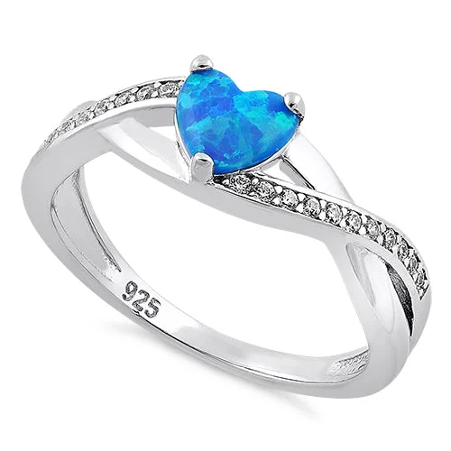 Wedding Rings with Custom Stones-Sterling Silver Blue Lab Opal Heart String CZ Ring