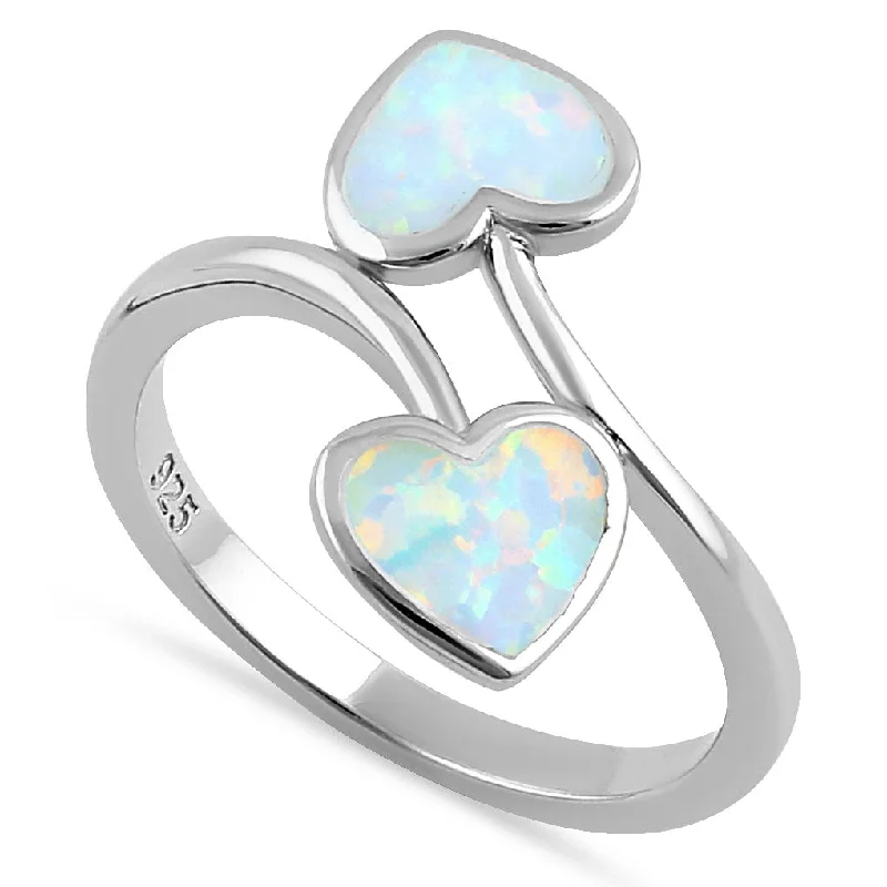 Wedding Bands with Birthstones-Sterling Silver White Lab Opal Double Heart Wrap Ring