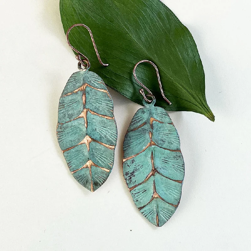 Designer Stud Earrings-Patina Copper Leaf Earrings, India