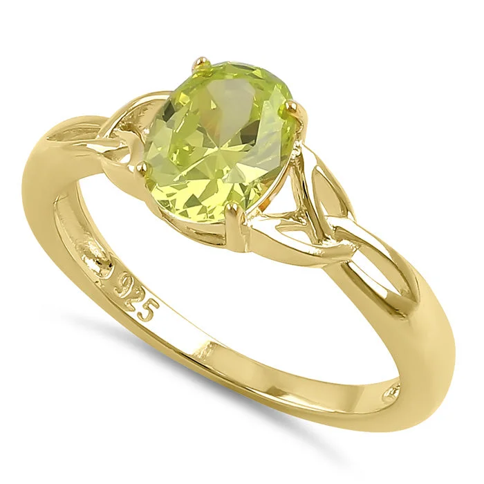 Vintage Gold Rings-Sterling Silver Gold Plated Charmed Oval Apple Green CZ Ring