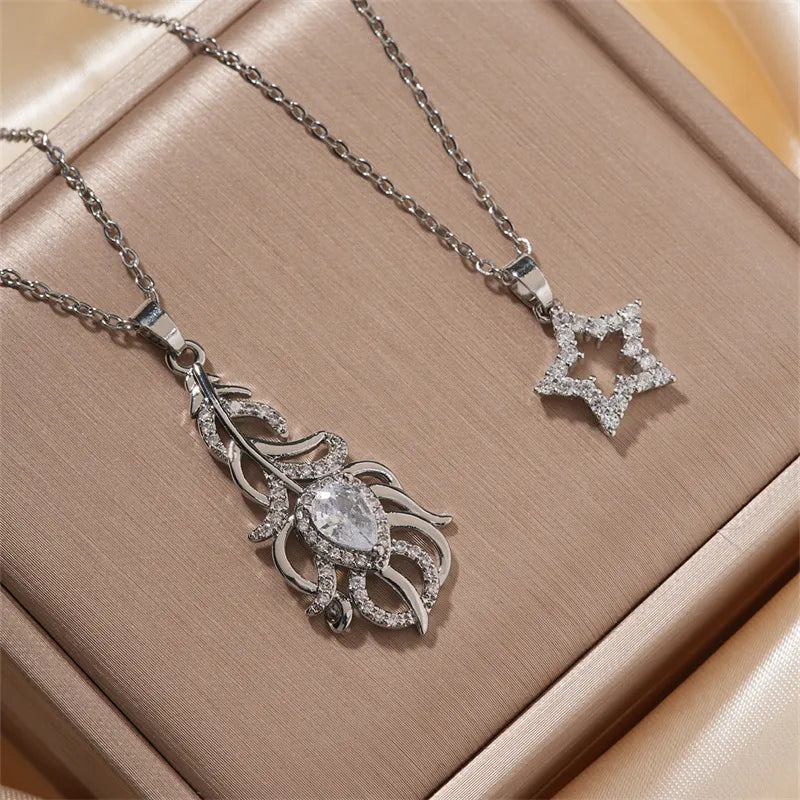 Luxury Diamond Necklaces-Wholesale Casual Basic Classic Style Pentagram Rose 304 Stainless Steel Copper Inlay Rhodium Plated Zircon Pendant Necklace