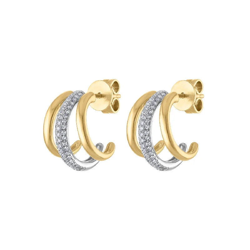 Light Crystal Drop Earrings-14KT GOLD DIAMOND THREE ROW HOOP EARRING