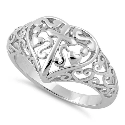 Classic Silver Wedding Rings-Sterling Silver Cross and Multiple Hearts Ring