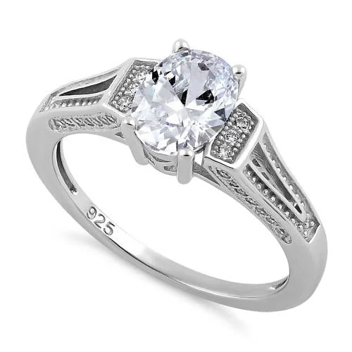 Designer Wedding Sets-Sterling Silver Elegant Oval Clear CZ Ring