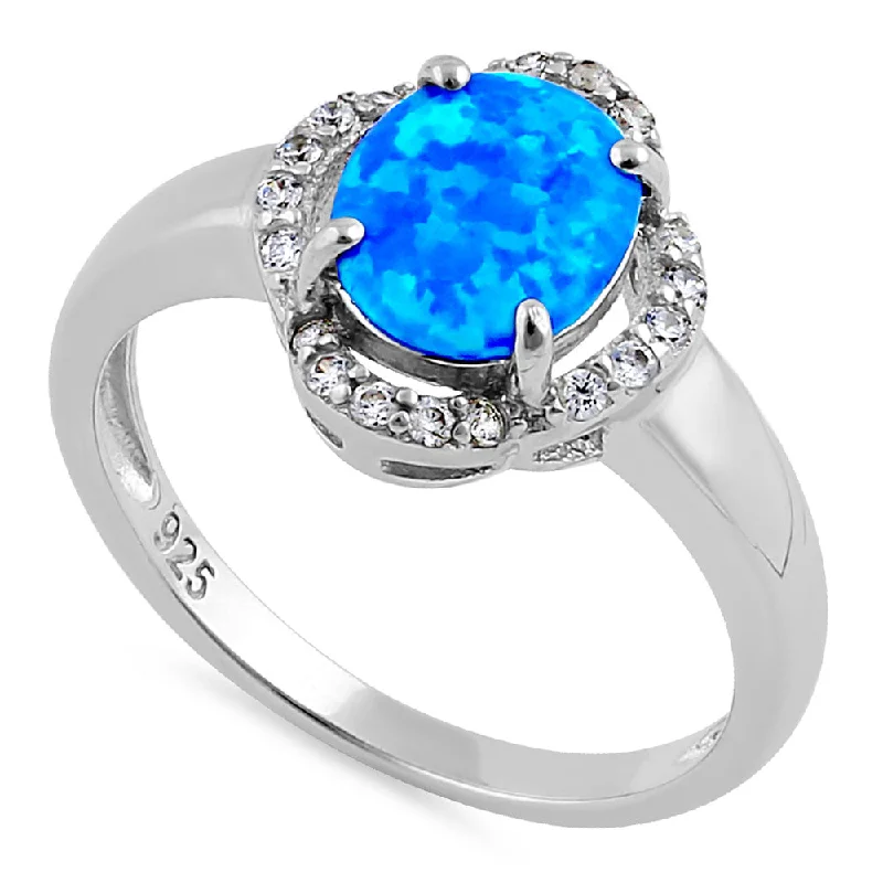 Engagement Rings for Men-Sterling Silver Elegant Blue Lab Opal Oval Flower Halo CZ Ring