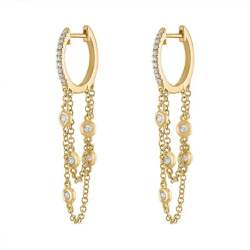 Trendy Hoop Gemstone Earrings-14KT GOLD DIAMOND HUGGIE BEZEL CHAIN EARRING