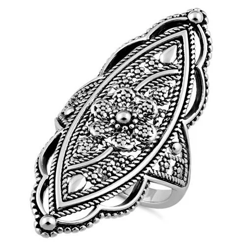 Custom Wedding Bands for Women-Sterling Silver Extravagant Flower Shield Ring