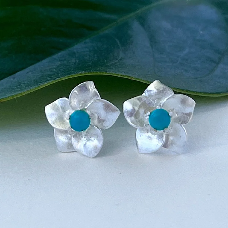 Dark Gemstone Earrings-Turquoise Flower Studs - Sterling Silver, Indonesia