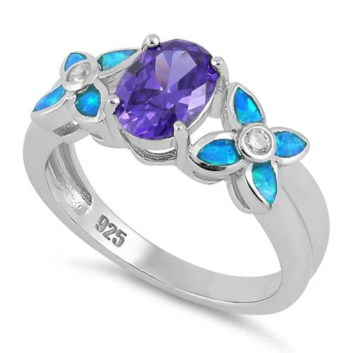 Custom Promise Rings for Women-Sterling Silver Amethyst Center Stone Flower Blue Lab Opal Ring