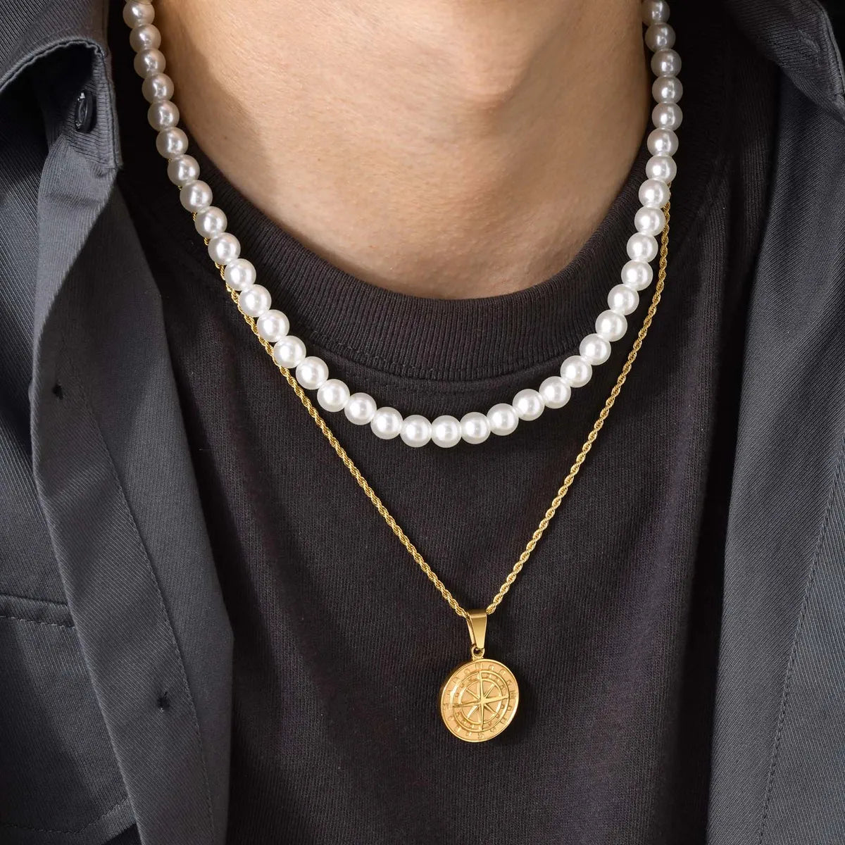 Ruby Necklaces-Simple Style Classic Style Geometric Stainless Steel Imitation Pearl Layered Plating 18k Gold Plated Men's Layered Necklaces