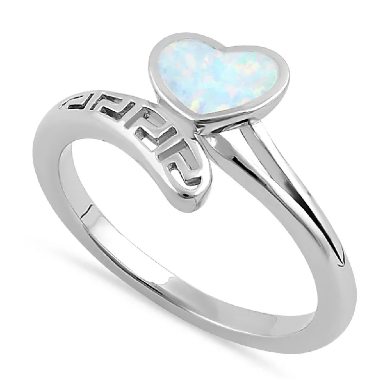 Wedding Rings with Personalized Engraving-Sterling Silver White Lab Opal Greek Heart Wrap Ring