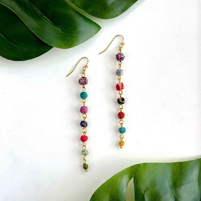 Handmade Crystal Earrings-Recycled Sari Delicate Dangles, India