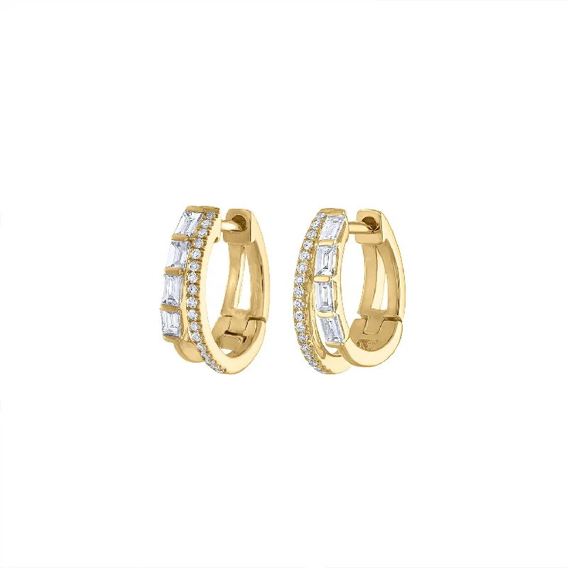 Geometric Gold Earrings-14KT GOLD DIAMOND DOUBLE ROW HUGGIE EARRING