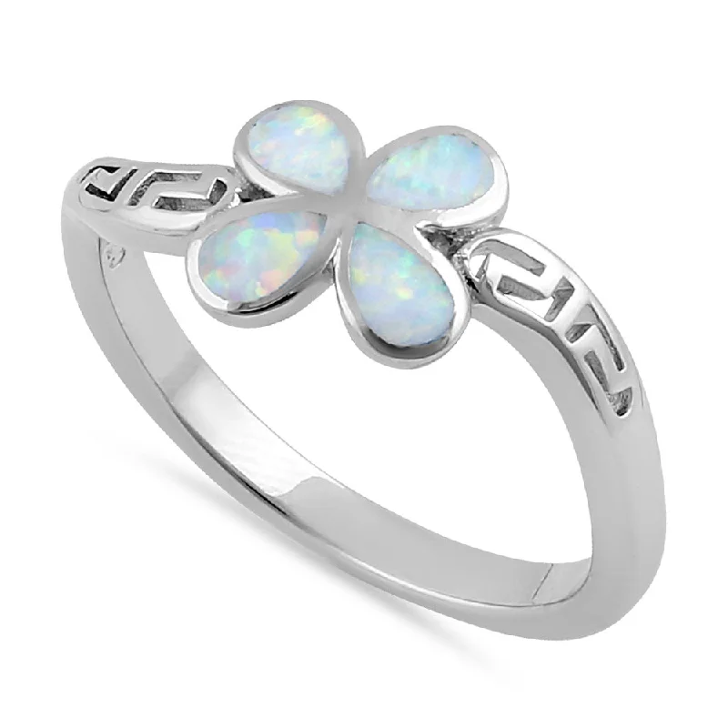 Large Gemstone Engagement Rings-Sterling Silver Twist White Lab Opal Greek Petal Flower Ring