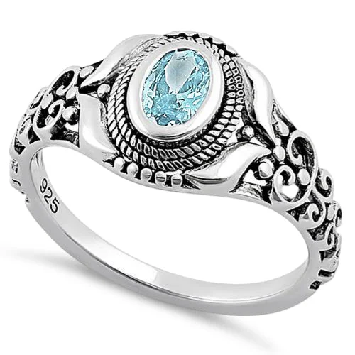 Personalized Signet Rings-Sterling Silver Austere Oval Cut Aquamarine CZ Ring