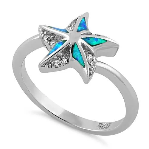 Adjustable Gemstone Rings-Sterling Silver Star Lab Opal CZ Ring