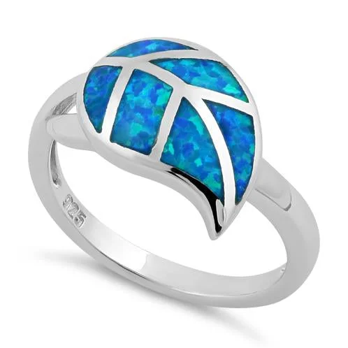 Custom Birthstone Rings-Sterling Silver Leaf Blue Lab Opal Ring