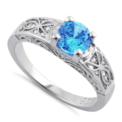 Vintage Gold Rings-Sterling Silver Aqua Blue Round Cut Engagement CZ Ring