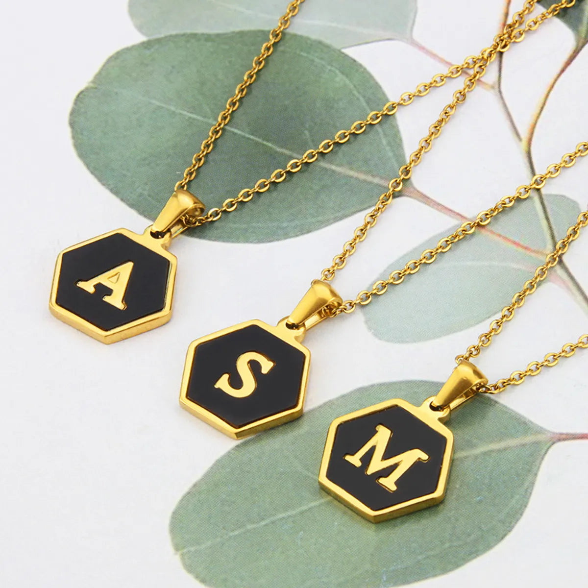 Ruby Necklaces-Wholesale Jewelry Simple Hexagon 26 Letter Pendant Stainless Steel Necklace Gooddiy