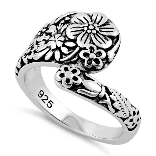 Large Statement Engagement Rings-Sterling Silver Flowers Spoon Ring