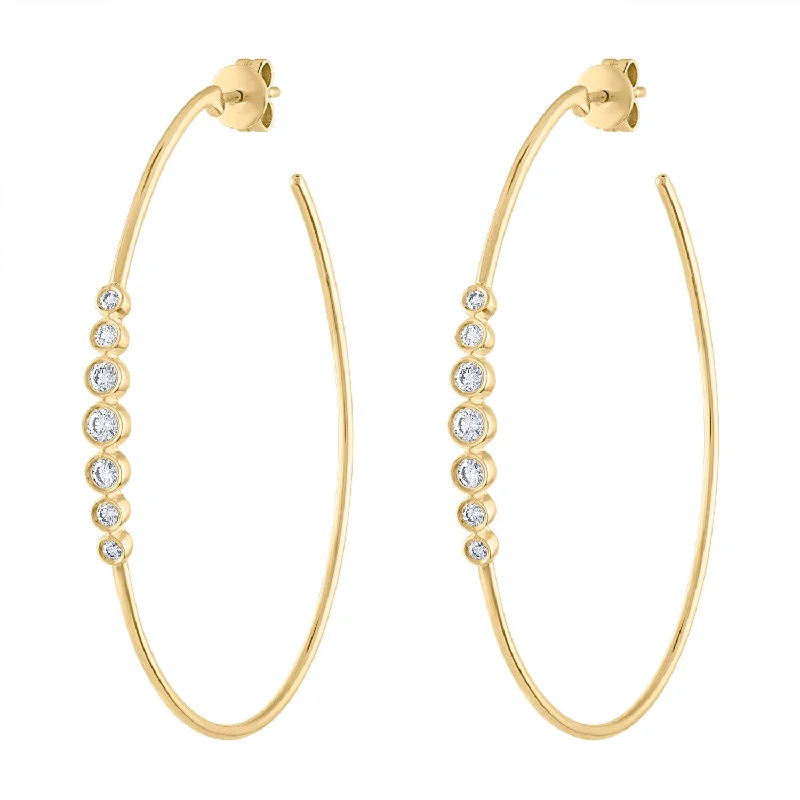 Statement Gold Earrings-14KT GOLD DIAMOND SEVEN BEZEL SET LARGE HOOP EARRING