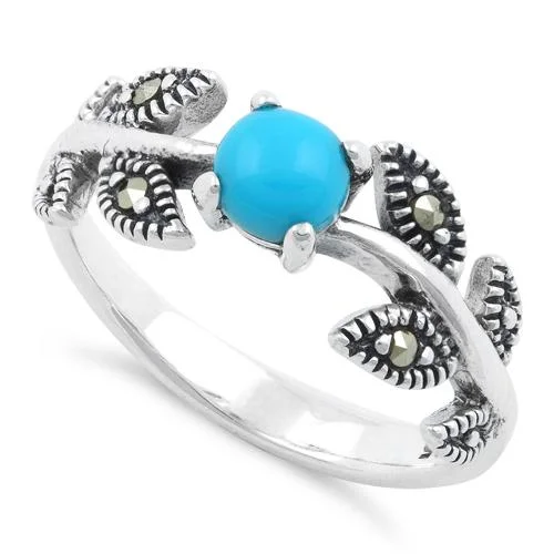 Silver Engagement Rings-Sterling Silver Round Simulated Turquoise Leaves Marcasite Ring