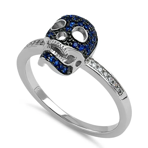 Vintage Wedding Ring Sets-Sterling Silver Black Rhodium Two Tone Blue Spinel CZ Skull Ring