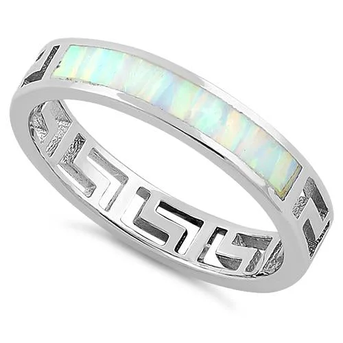 Wedding Rings for Couples-Sterling Silver Greek White Lab Opal Band Ring