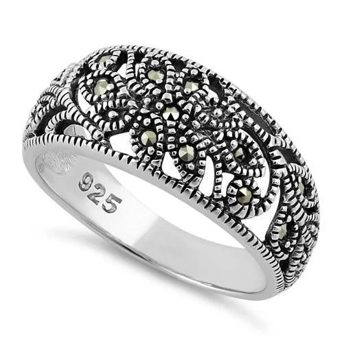 Bridal Ring Sets-Sterling Silver Unique Flower Marcasite Ring