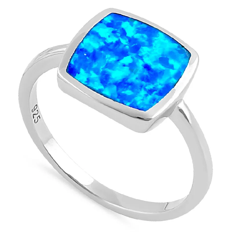 Designer Wedding Rings for Men-Sterling Silver Square Blue Lab Opal Ring