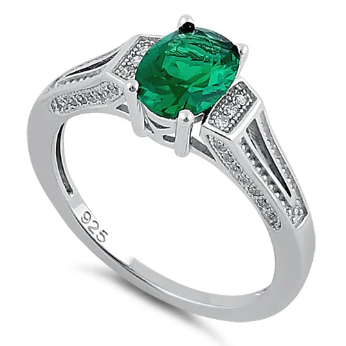 Custom Halo Engagement Rings-Sterling Silver Oval Emerald CZ Ring