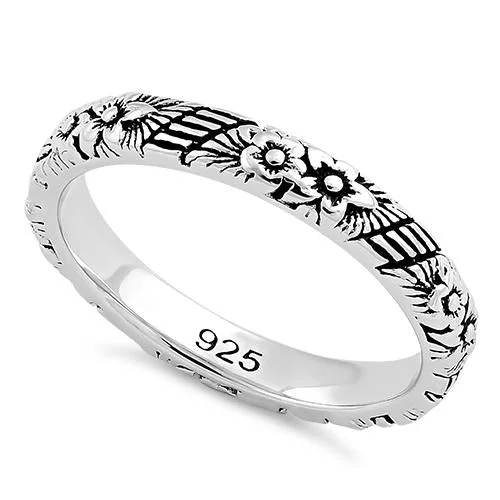 Custom Promise Band Rings-Sterling Silver Floral 3mm Band Ring