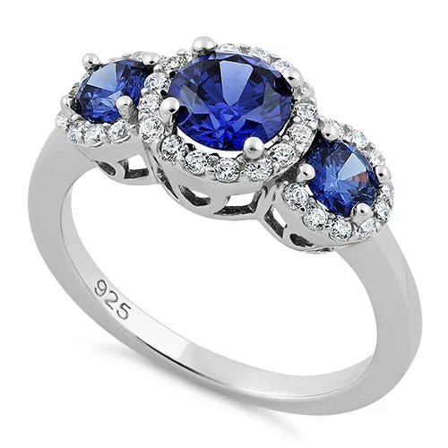 Silver Wedding Bands for Men-Sterling Silver Triple Tanzanite Round CZ Ring