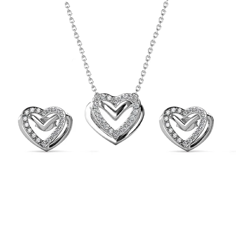 Vintage Silver Drop Earrings-Cathy 18k White Gold Heart Necklace and Stud Earrings Jewelry Set with Crystals