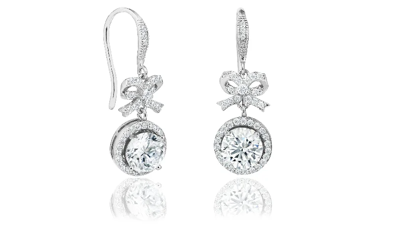 Gold Plated Drop Earrings-Seraphina 18k White Gold Plated Silver Bow Halo Drop Earrings with Simulated Diamond Crystals