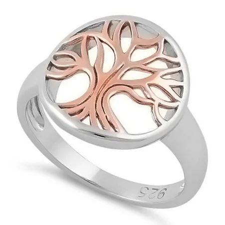 Custom Rose Gold Wedding Bands-Sterling Silver Rose Gold Plated Tree of Life Ring