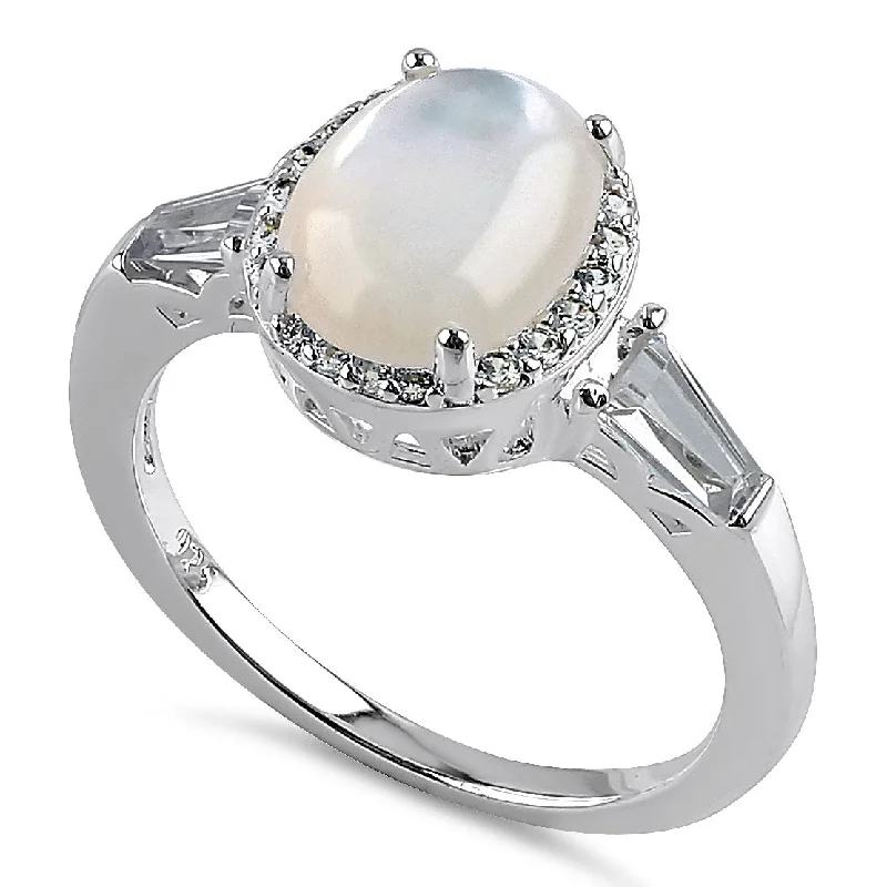 Custom Gemstone Engagement Rings-Sterling Silver Oval Mother of Pearl CZ Ring