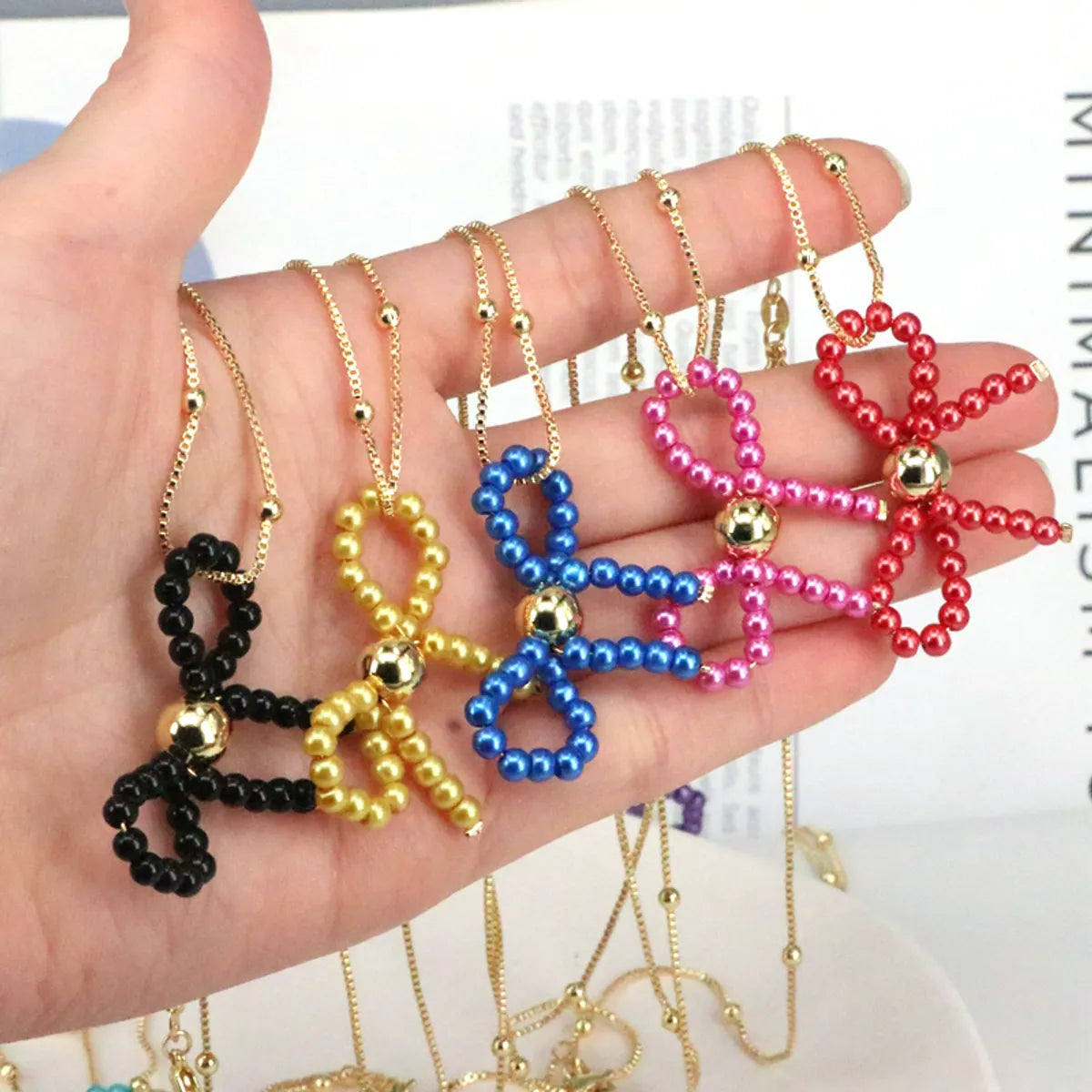 Stainless Steel Necklaces-Imitation Pearl Copper Elegant Cute Beaded Bow Knot Pendant Necklace