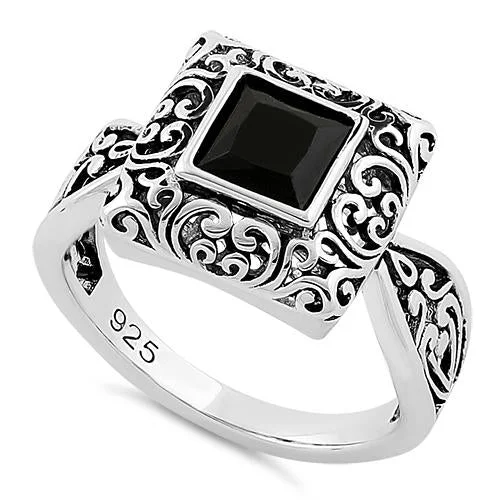 Oval Cut Wedding Rings-Sterling Silver Ornate Black CZ Ring