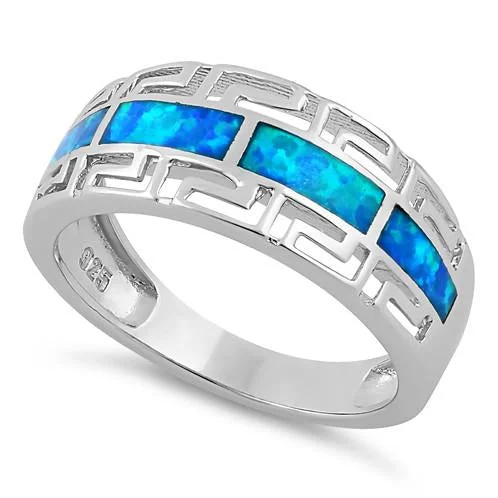 Custom Rose Gold Wedding Bands-Sterling Silver Greek Pattern Blue Lab Opal Ring