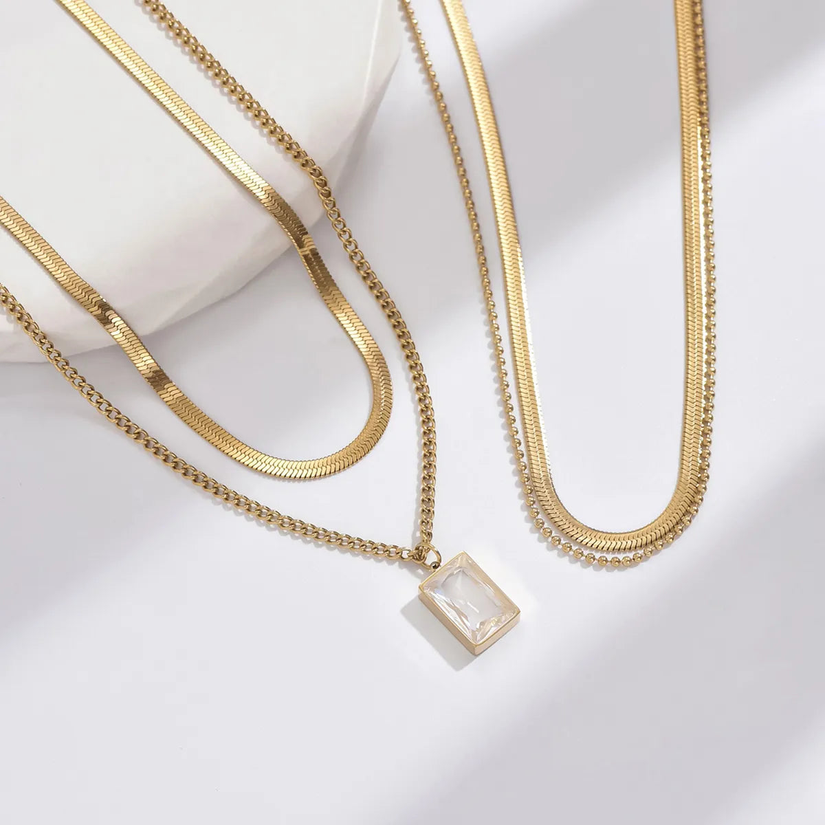 Stainless Steel Necklaces-Simple Style Rectangle Stainless Steel Plating Inlay Zircon 14k Gold Plated Double Layer Necklaces